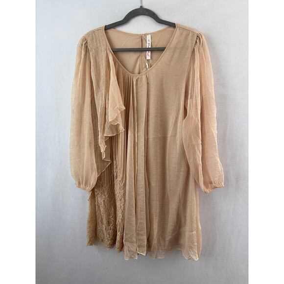 Pretty Angel Silk Blend Tunic Dress Whimsy Flowy Beige Sheer Sleeves Lace XL NEW - Picture 1 of 7